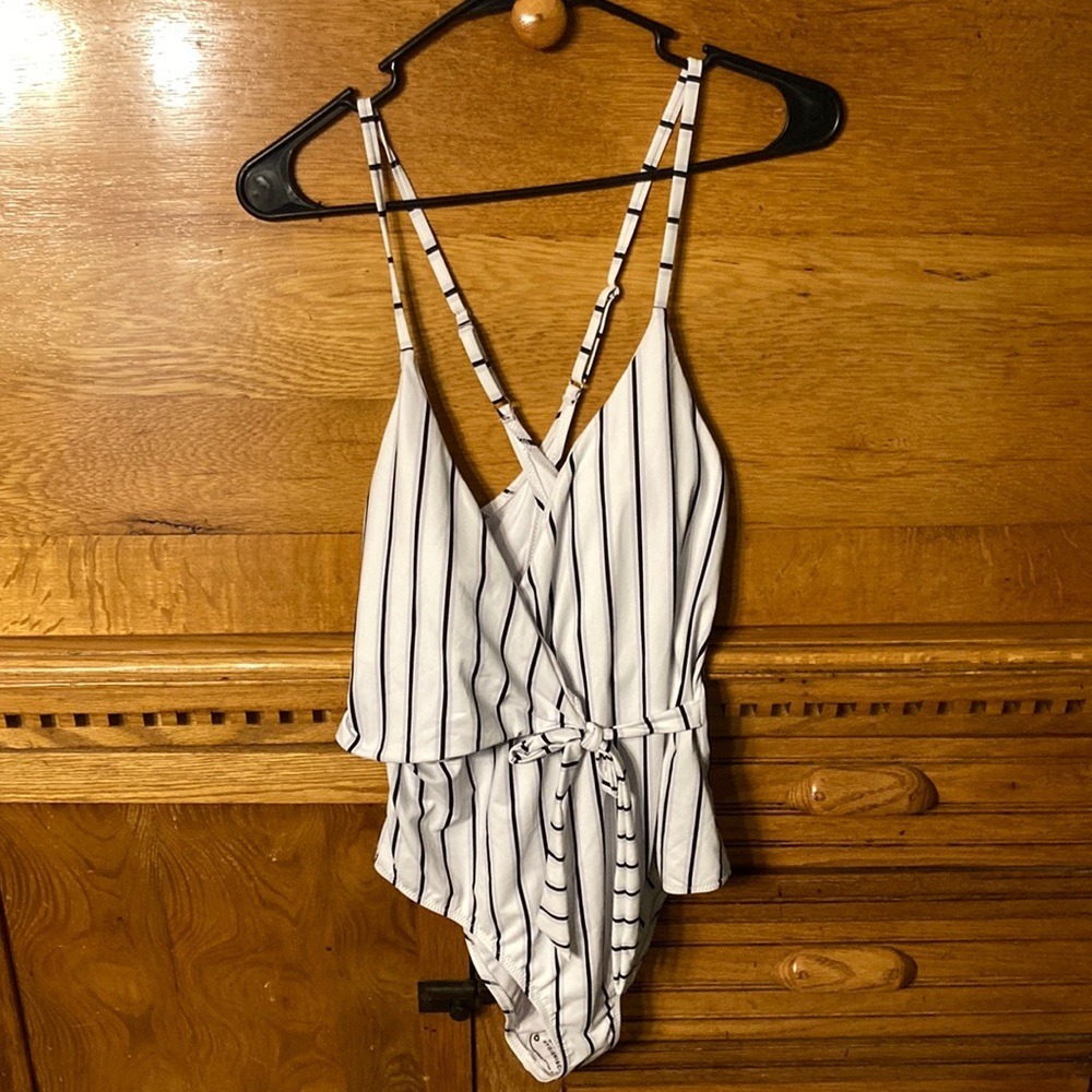 Striped White & Navy One-Piece Swimwear with Waist Tie